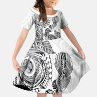 Aotearoa Moko Tribal Tattoo Family Matching Summer Maxi Dress and Hawaiian Shirt New Zealand Maori Penguin and Fantail White Color LT03 Daughter's Dress White - Polynesian Pride