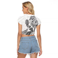 Aotearoa Moko Tribal Tattoo Raglan Cropped T Shirt New Zealand Maori Penguin and Fantail White Color LT03 - Polynesian Pride