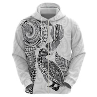 Aotearoa Moko Tribal Tattoo Zip Hoodie New Zealand Maori Penguin and Fantail White Color