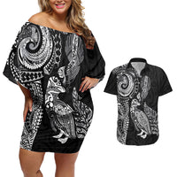 Aotearoa Moko Tribal Tattoo Couples Matching Off Shoulder Short Dress and Hawaiian Shirt New Zealand Maori Penguin and Fantail Black Color LT03 Black - Polynesian Pride