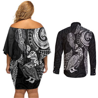 Aotearoa Moko Tribal Tattoo Couples Matching Off Shoulder Short Dress and Long Sleeve Button Shirt New Zealand Maori Penguin and Fantail Black Color LT03 - Polynesian Pride