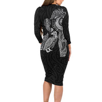 Aotearoa Moko Tribal Tattoo Family Matching Long Sleeve Bodycon Dress and Hawaiian Shirt New Zealand Maori Penguin and Fantail Black Color LT03 - Polynesian Pride