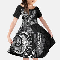 Aotearoa Moko Tribal Tattoo Family Matching Off Shoulder Short Dress and Hawaiian Shirt New Zealand Maori Penguin and Fantail Black Color LT03 Daughter's Dress Black - Polynesian Pride