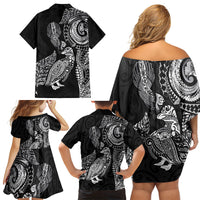 Aotearoa Moko Tribal Tattoo Family Matching Off Shoulder Short Dress and Hawaiian Shirt New Zealand Maori Penguin and Fantail Black Color LT03 - Polynesian Pride