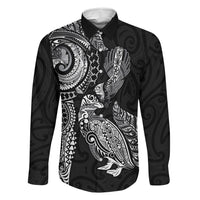 Aotearoa Moko Tribal Tattoo Family Matching Off Shoulder Short Dress and Hawaiian Shirt New Zealand Maori Penguin and Fantail Black Color LT03 Dad's Shirt - Long Sleeve Black - Polynesian Pride