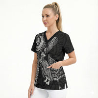 Aotearoa Moko Tribal Tattoo Scrub Top New Zealand Maori Penguin and Fantail Black Color LT03 - Polynesian Pride