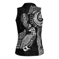 Aotearoa Moko Tribal Tattoo Women Sleeveless Polo Shirt New Zealand Maori Penguin and Fantail Black Color LT03 - Polynesian Pride