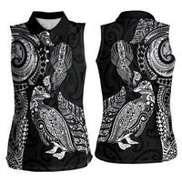 Aotearoa Moko Tribal Tattoo Women Sleeveless Polo Shirt New Zealand Maori Penguin and Fantail Black Color LT03 - Polynesian Pride