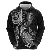 Aotearoa Moko Tribal Tattoo Zip Hoodie New Zealand Maori Penguin and Fantail Black Color