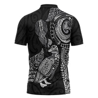 Aotearoa Moko Tribal Tattoo Zipper Polo Shirt New Zealand Maori Penguin and Fantail Black Color LT03 - Polynesian Pride