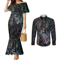 Aotearoa Moko Tribal Tattoo Couples Matching Mermaid Dress and Long Sleeve Button Shirt New Zealand Maori Penguin and Fantail Paua Shell Style LT03 Multicolor - Polynesian Pride