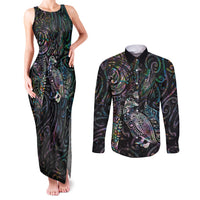 Aotearoa Moko Tribal Tattoo Couples Matching Tank Maxi Dress and Long Sleeve Button Shirt New Zealand Maori Penguin and Fantail Paua Shell Style LT03 Multicolor - Polynesian Pride
