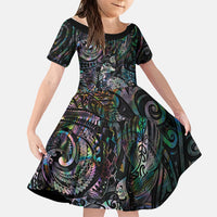 Aotearoa Moko Tribal Tattoo Family Matching Off The Shoulder Long Sleeve Dress and Hawaiian Shirt New Zealand Maori Penguin and Fantail Paua Shell Style LT03 Daughter's Dress Multicolor - Polynesian Pride