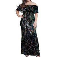 Aotearoa Moko Tribal Tattoo Off Shoulder Maxi Dress New Zealand Maori Penguin and Fantail Paua Shell Style LT03 Women Multicolor - Polynesian Pride