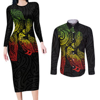 Aotearoa Moko Tribal Tattoo Couples Matching Long Sleeve Bodycon Dress and Long Sleeve Button Shirt New Zealand Maori Penguin and Fantail Reggae Style LT03 Multicolor - Polynesian Pride