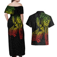 Aotearoa Moko Tribal Tattoo Couples Matching Off Shoulder Maxi Dress and Hawaiian Shirt New Zealand Maori Penguin and Fantail Reggae Style LT03 - Polynesian Pride