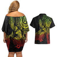 Aotearoa Moko Tribal Tattoo Couples Matching Off Shoulder Short Dress and Hawaiian Shirt New Zealand Maori Penguin and Fantail Reggae Style LT03 - Polynesian Pride