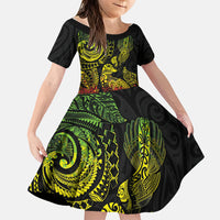 Aotearoa Moko Tribal Tattoo Family Matching Off Shoulder Maxi Dress and Hawaiian Shirt New Zealand Maori Penguin and Fantail Reggae Style LT03 Daughter's Dress Multicolor - Polynesian Pride