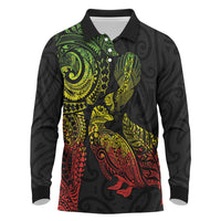 Aotearoa Moko Tribal Tattoo Long Sleeve Polo Shirt New Zealand Maori Penguin and Fantail Reggae Style