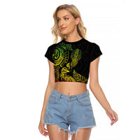 Aotearoa Moko Tribal Tattoo Raglan Cropped T Shirt New Zealand Maori Penguin and Fantail Reggae Style LT03 Female Multicolor - Polynesian Pride