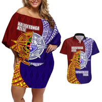 Kolisi Tonga Atele and Tupou College Toloa Couples Matching Off Shoulder Short Dress and Hawaiian Shirt Ngatu and Polynesian Spiral Pattern LT03 Red - Polynesian Pride