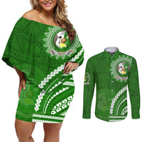 Liahona High School Couples Matching Off Shoulder Short Dress and Long Sleeve Button Shirt Ngatu and Polynesian Pattern LT03 Green - Polynesian Pride