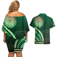 Saineha High School Couples Matching Off Shoulder Short Dress and Hawaiian Shirt Ngatu and Polynesian Pattern