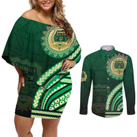 Saineha High School Couples Matching Off Shoulder Short Dress and Long Sleeve Button Shirt Ngatu and Polynesian Pattern