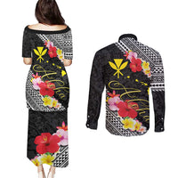 Aloha Hawaii Hibiscus and Plumeria Flowers Couples Matching Puletasi and Long Sleeve Button Shirt Kanaka Maoli Tattoo Polynesian Pattern