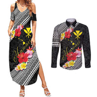 Aloha Hawaii Hibiscus and Plumeria Flowers Couples Matching Summer Maxi Dress and Long Sleeve Button Shirt Kanaka Maoli Tattoo Polynesian Pattern
