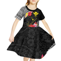 Aloha Hawaii Hibiscus and Plumeria Flowers Kid Short Sleeve Dress Kanaka Maoli Tattoo Polynesian Pattern
