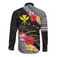 Aloha Hawaii Hibiscus and Plumeria Flowers Long Sleeve Button Shirt Kanaka Maoli Tattoo Polynesian Pattern