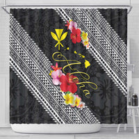 Aloha Hawaii Hibiscus and Plumeria Flowers Shower Curtain Kanaka Maoli Tattoo Polynesian Pattern
