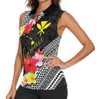Aloha Hawaii Hibiscus and Plumeria Flowers Women Sleeveless Polo Shirt Kanaka Maoli Tattoo Polynesian Pattern