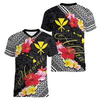 Aloha Hawaii Hibiscus and Plumeria Flowers Women V-Neck T-Shirt Kanaka Maoli Tattoo Polynesian Pattern