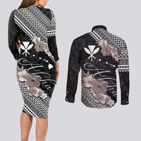 Aloha Hawaii Hibiscus and Plumeria Flowers Couples Matching Long Sleeve Bodycon Dress and Long Sleeve Button Shirt Kanaka Maoli Tattoo Polynesian Pattern Gray Color