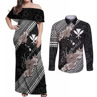 Aloha Hawaii Hibiscus and Plumeria Flowers Couples Matching Off Shoulder Maxi Dress and Long Sleeve Button Shirt Kanaka Maoli Tattoo Polynesian Pattern Gray Color