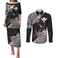 Aloha Hawaii Hibiscus and Plumeria Flowers Couples Matching Puletasi and Long Sleeve Button Shirt Kanaka Maoli Tattoo Polynesian Pattern Gray Color