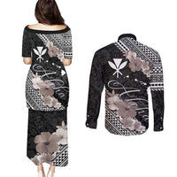 Aloha Hawaii Hibiscus and Plumeria Flowers Couples Matching Puletasi and Long Sleeve Button Shirt Kanaka Maoli Tattoo Polynesian Pattern Gray Color