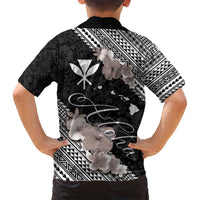 Aloha Hawaii Hibiscus and Plumeria Flowers Family Matching Tank Maxi Dress and Hawaiian Shirt Kanaka Maoli Tattoo Polynesian Pattern Gray Color