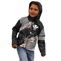 Aloha Hawaii Hibiscus and Plumeria Flowers Kid Hoodie Kanaka Maoli Tattoo Polynesian Pattern Gray Color