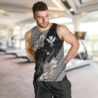 Aloha Hawaii Hibiscus and Plumeria Flowers Men Tank Top Kanaka Maoli Tattoo Polynesian Pattern Gray Color