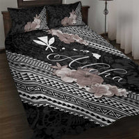 Aloha Hawaii Hibiscus and Plumeria Flowers Quilt Bed Set Kanaka Maoli Tattoo Polynesian Pattern Gray Color