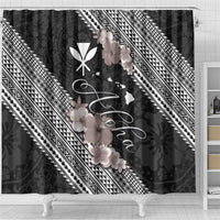 Aloha Hawaii Hibiscus and Plumeria Flowers Shower Curtain Kanaka Maoli Tattoo Polynesian Pattern Gray Color