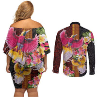 Papua New Guinea Birds and Frangipani Couples Matching Off Shoulder Short Dress and Long Sleeve Button Shirt Melanesian Art Tattoos - Polynesian Pride