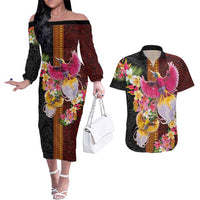 Papua New Guinea Birds and Frangipani Couples Matching Off The Shoulder Long Sleeve Dress and Hawaiian Shirt Melanesian Art Tattoos - Polynesian Pride