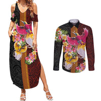 Papua New Guinea Birds and Frangipani Couples Matching Summer Maxi Dress and Long Sleeve Button Shirt Melanesian Art Tattoos - Polynesian Pride