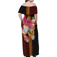 Papua New Guinea Birds and Frangipani Family Matching Off Shoulder Maxi Dress and Hawaiian Shirt Melanesian Art Tattoos - Polynesian Pride