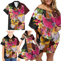 Papua New Guinea Birds and Frangipani Family Matching Off Shoulder Short Dress and Hawaiian Shirt Melanesian Art Tattoos - Polynesian Pride