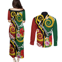 Melanesian Vanuatu Tribal Boar Tusk Couples Matching Puletasi and Long Sleeve Button Shirt Tropical Plants and Namele Motifs - Polynesian Pride